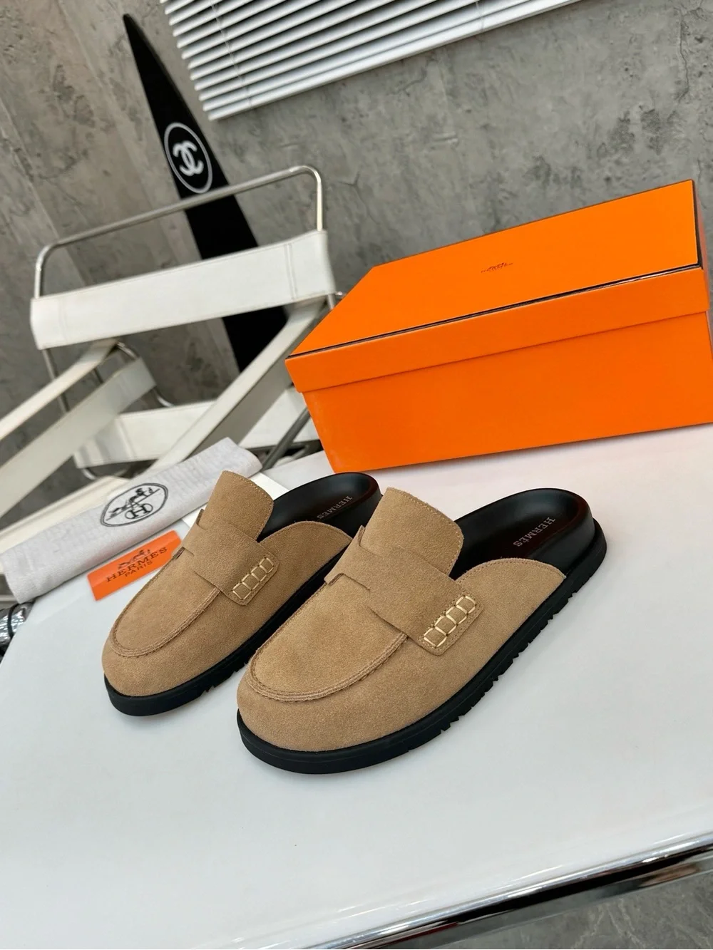 Hermes Men’s Beige Suede Slip-On Loafers with Black Insoles